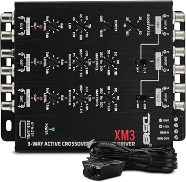 DS18 XM3 3-Way Active Crossover with Line Driver 11V Output, Adjustable Bass Boost 018dB, Remote Subwoofer Control with Clip Indicator, Tiffany RCA Connectors Pro Car Audio Frequency Processor