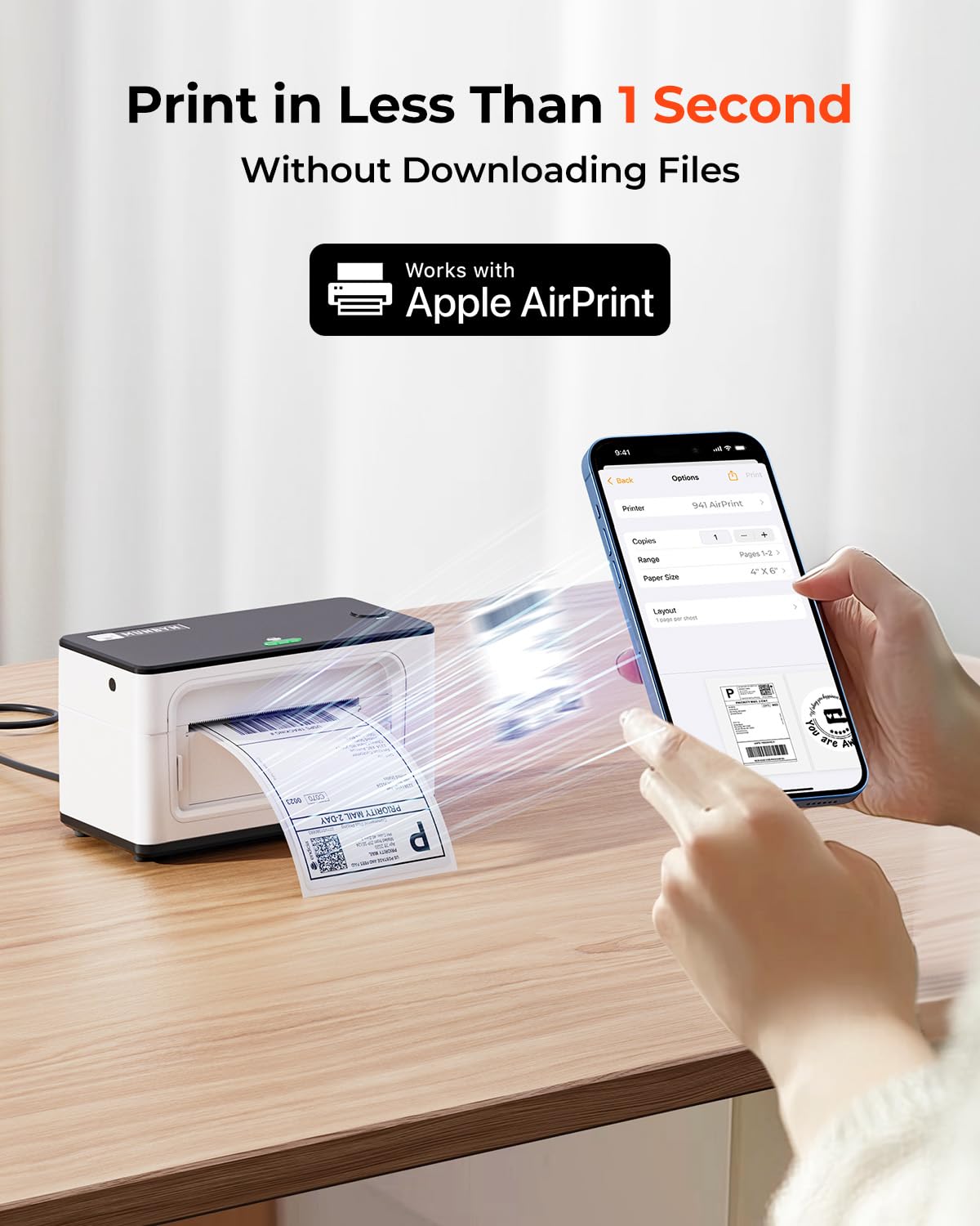 MUNBYN Imprimante Thermique AirPrint 4x6 sans Fil, Compatible Etsy Shopify Royal Mail, Blanc