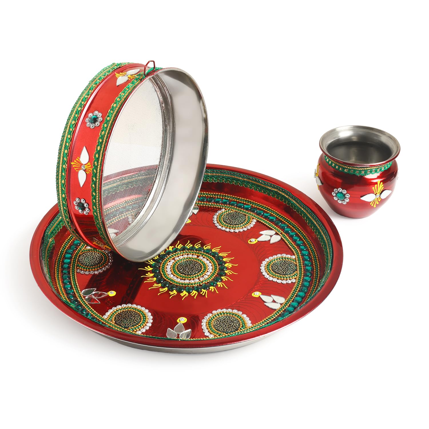ARTISENIA Karwachauth Indian Traditional Decorative Pooja thali Beautiful Ethnic Gift Kalash & Channi Diwali Indian Handicraft karwa chauth channi REDPooja Thali Set (12 inches)