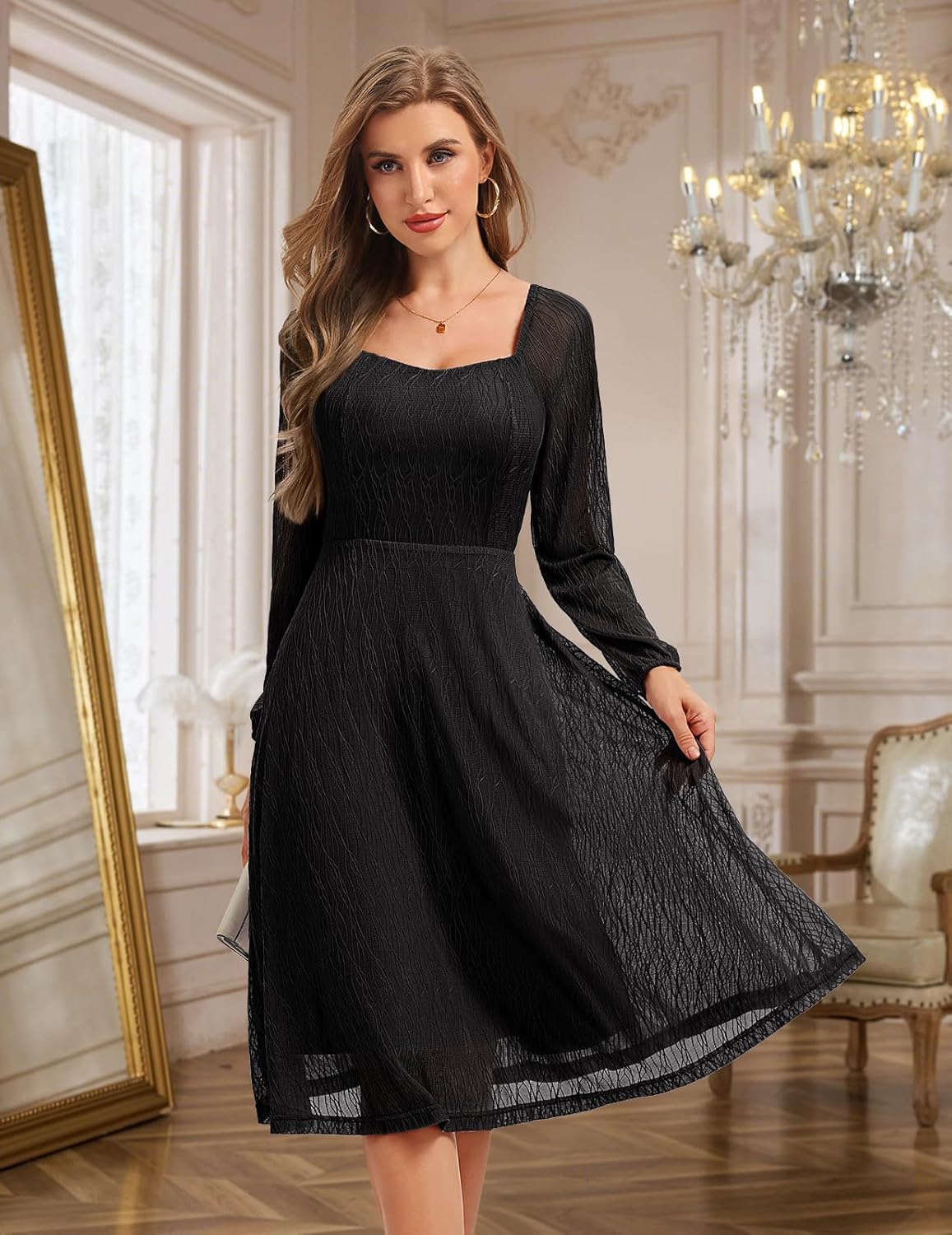 Bbonlinedress Formal Wedding Guest Dress Square Neck Lace Cocktail Dress Bridesmaid Long Sleeve A-Line Midi Tea Prom Gown - Image 5