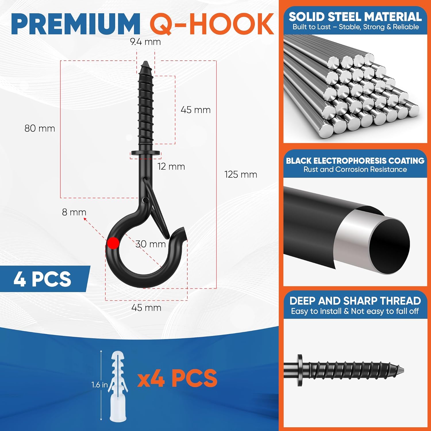 [HIGH-WORKLOAD] 200Lbs 4 Pcs Q-Hanger Hooks M8 with Washer & Safety Buckle, Heavy Duty 5’’ Windproof Screw Hooks for Hanging Plants, Yoga, Lights, Indoor & Outdoor Uses-Expansion Tubes, Screwdriver