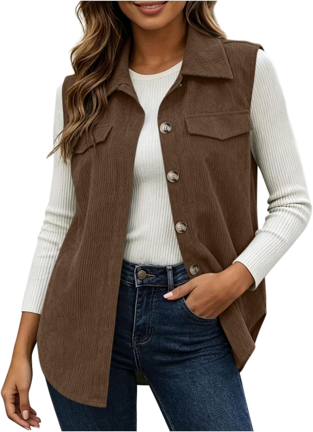 Oplxuo Corduroy Vest Womens Lapel Sleeveless Button Front Pocket Waistcoat