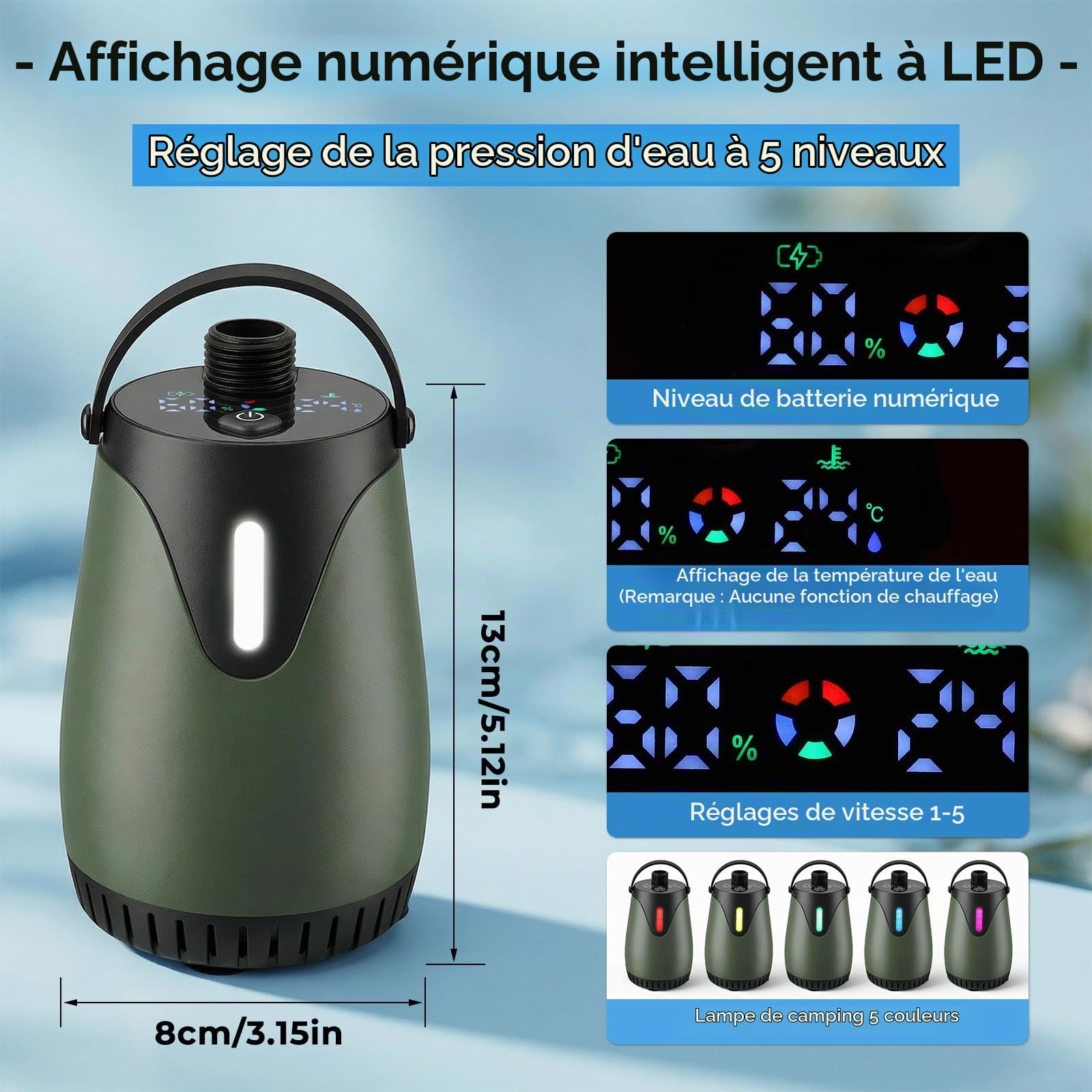 Kit de douche portable de camping avec carafe d'eau de 18 litres, pompe de douche rechargeable IPX8, étanche IPX8, 5 modes de pression, réservoir d'eau sans BPA pour le camping, la randonnée, la plage