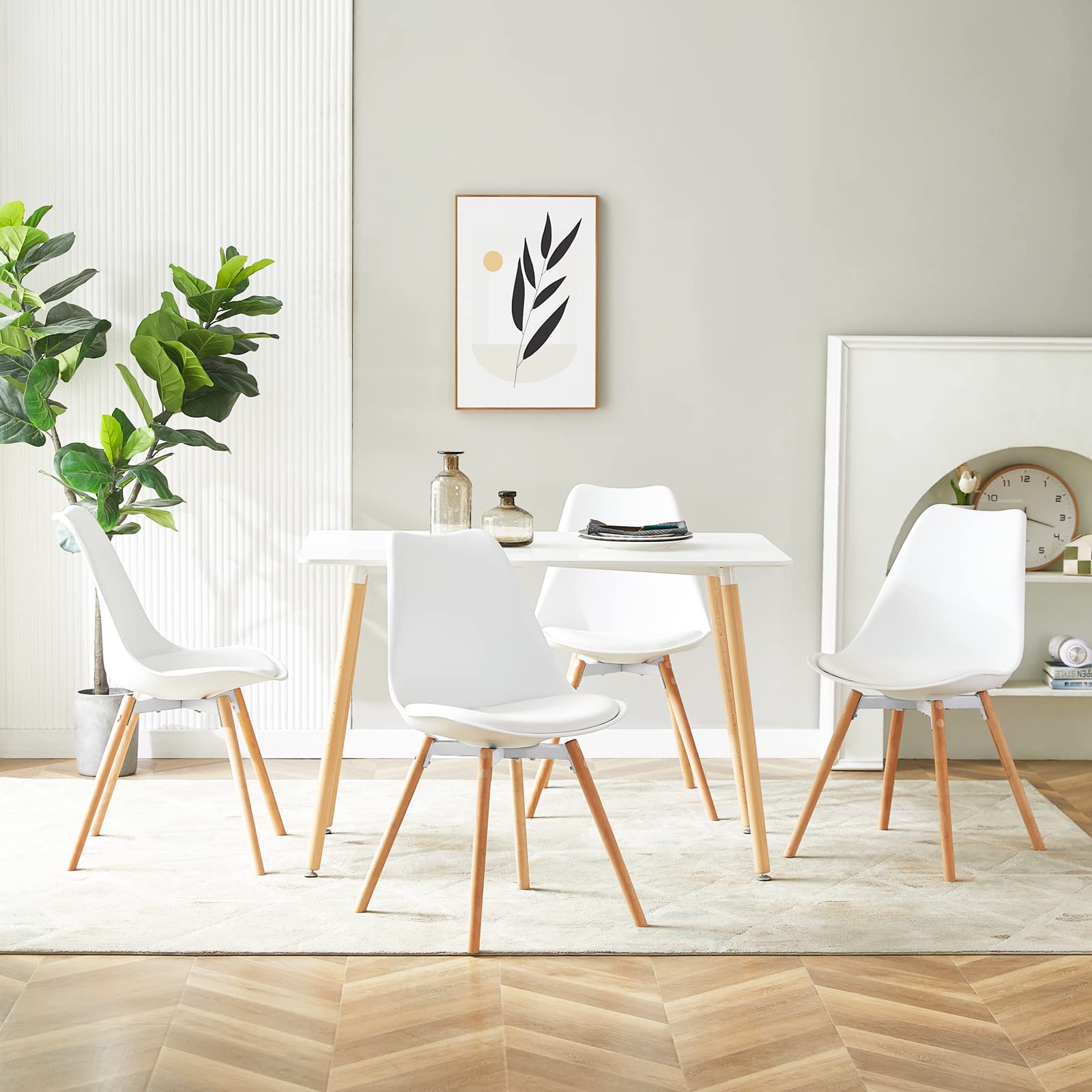 buybyroom Set di 4 sedie imbottite, da cucina, con seduta in legno massiccio, schienale per sala da pranzo, soggiorno, camera da letto, sala conferenze, bianco