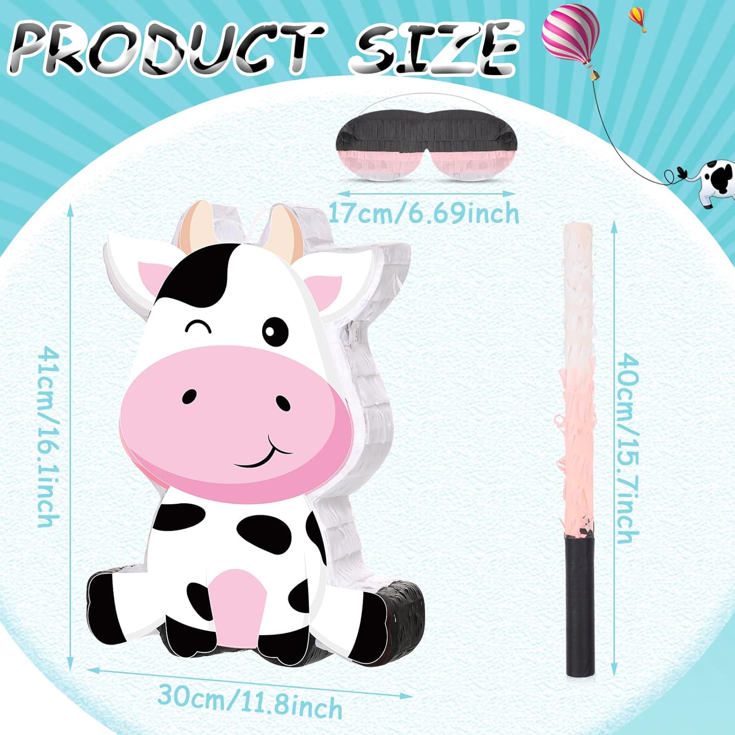 Aoriher Cow Piñata with Blindfold and Bat, Farm Animal Theme Birthday Party Supplies Cow Piñata for Birthday Party Favors Decor, 16 x 12 x 3.2 Inch