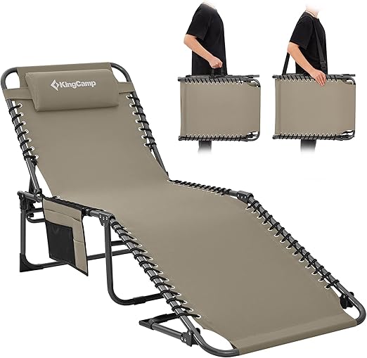 KingCamp Folding Chaise Lounge Chair for Outside Beach, Sunbathing, Patio, Pool, Lawn, Deck, Lay Flat Adjustable 5-Position Portable Heavy-Duty Camping Reclining Lounge Chair with Pillow, Beige