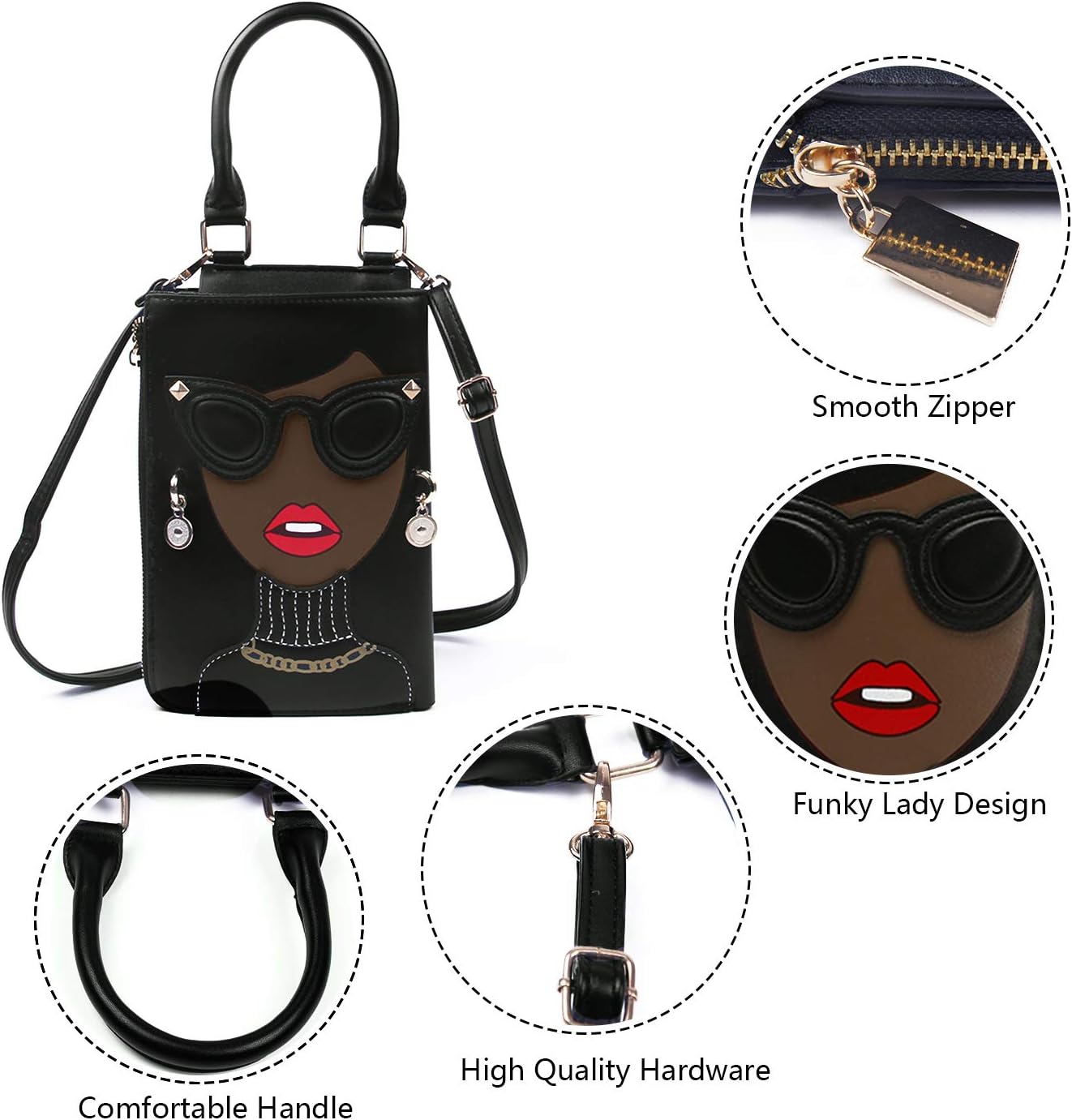 KUANG! Women Novelty Lady Face Shoulder Bags Funky PU Leather Top Handle Satchel Handbags Clutch Purse for Women - Image 6