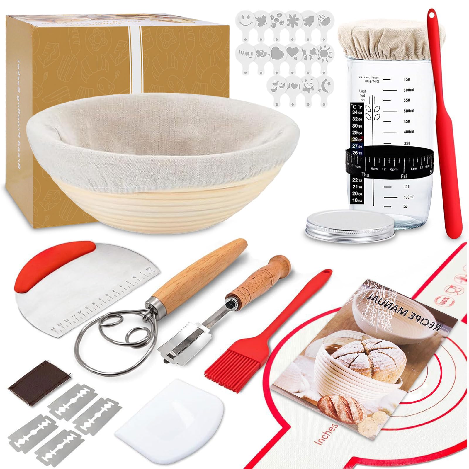 Sythrix Bread Proofing Basket Set with Sourdough Starter, 23cm Oval & Round Rattan Bannetons, Complete Baking Kit for Beginners and Bakers, Ideal for Sourdough, Baguette