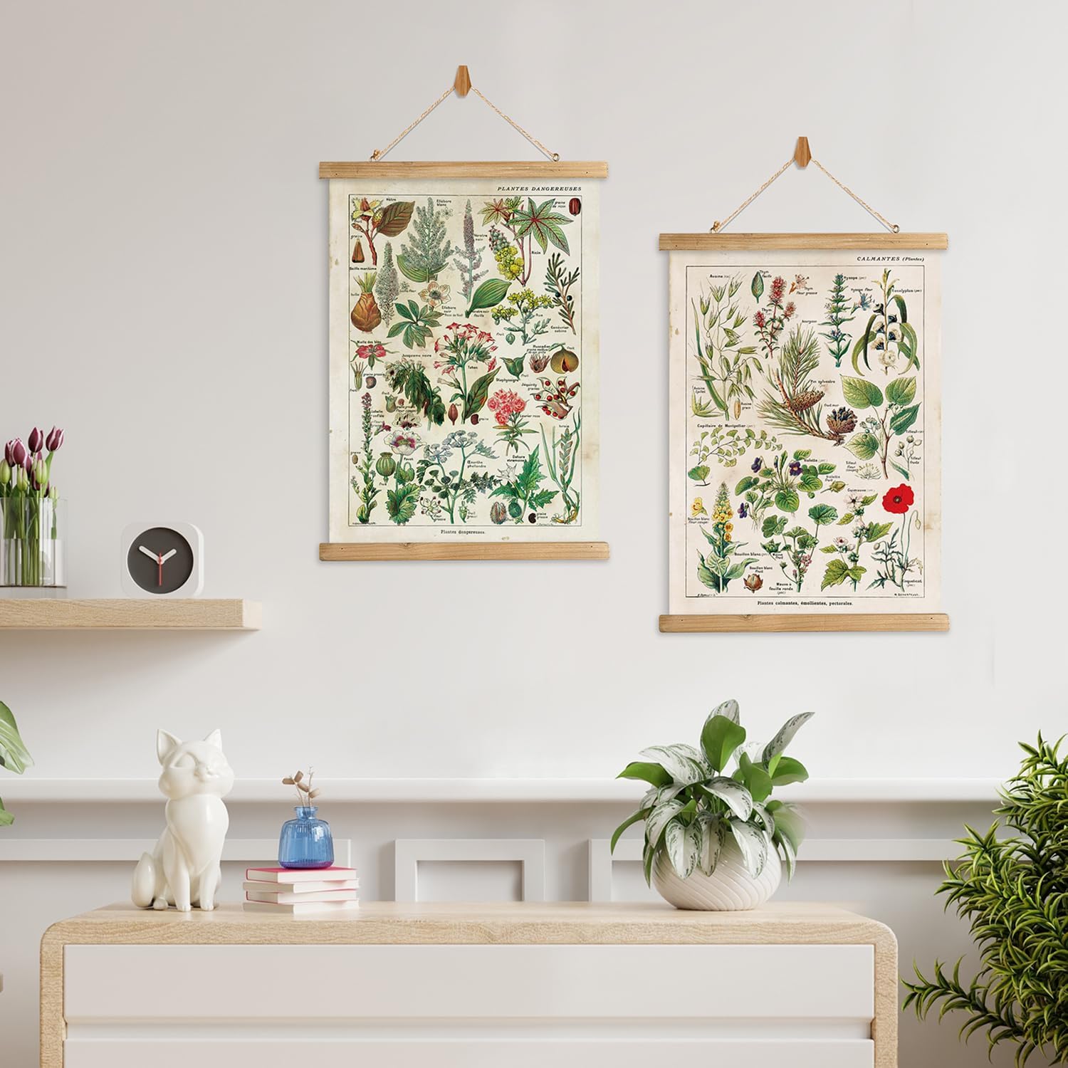 XIAOAIKA 2 Pack Vintage Plants Poster Hanger Frame, Retro Style Wall Decor Art Painting, Patterns are Printed on Linen Without Fading, Scrolls Made of Fir are Durable (16 x 23 inch)