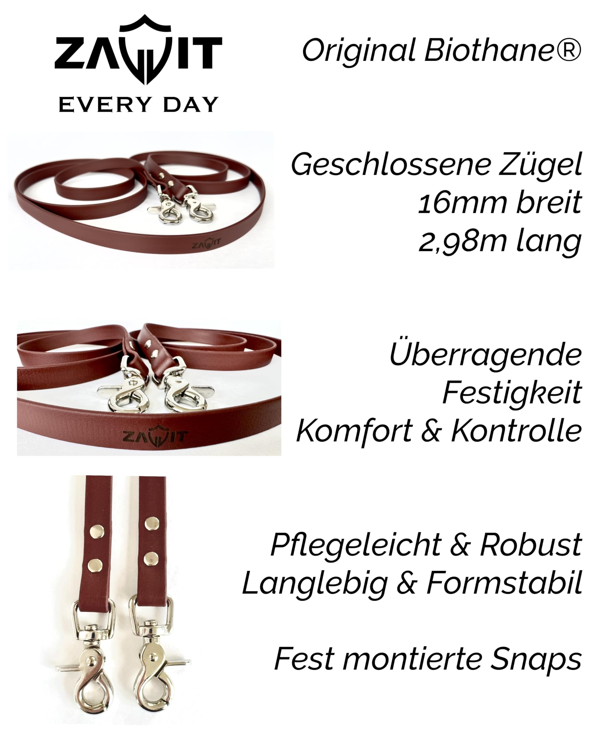Redini BioThane chiusi con moschettone a forbice, larghezza 16 mm, lunghezza 3 m, marrone, morbide, piatte e facili da pulire, senza barre per allenamento e passeggiate