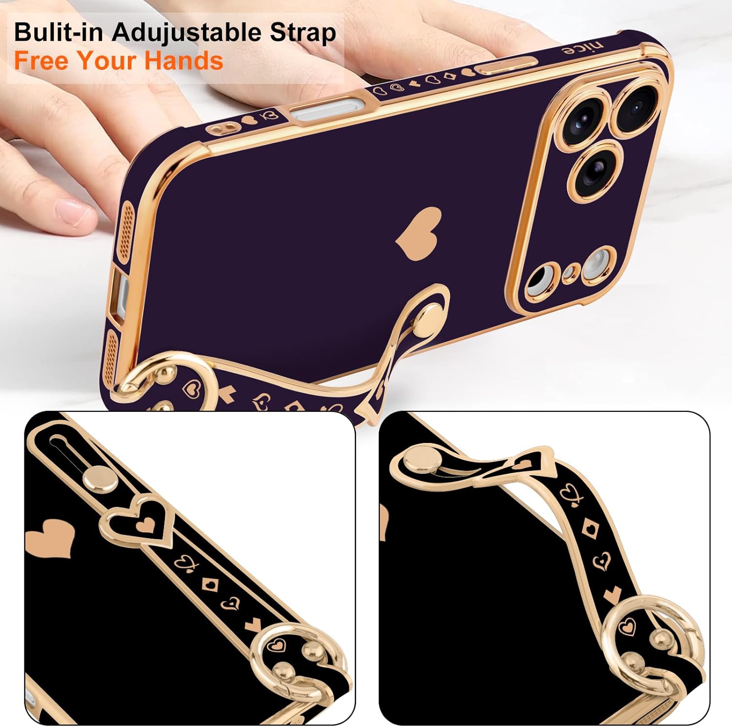 Compatible with iPhone 17 Pro Case with Strap for Women Girls [2× Screen Protectors], Cute Love-Hearts Design, Wristband Kickstand Plating Edge Protective Phone Case (6.3") - Dark Purple - Image 6