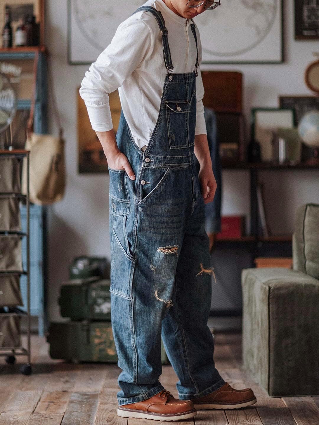 MADEPANTS Men's Distressed Denim Bib Overalls with Hammer Loops