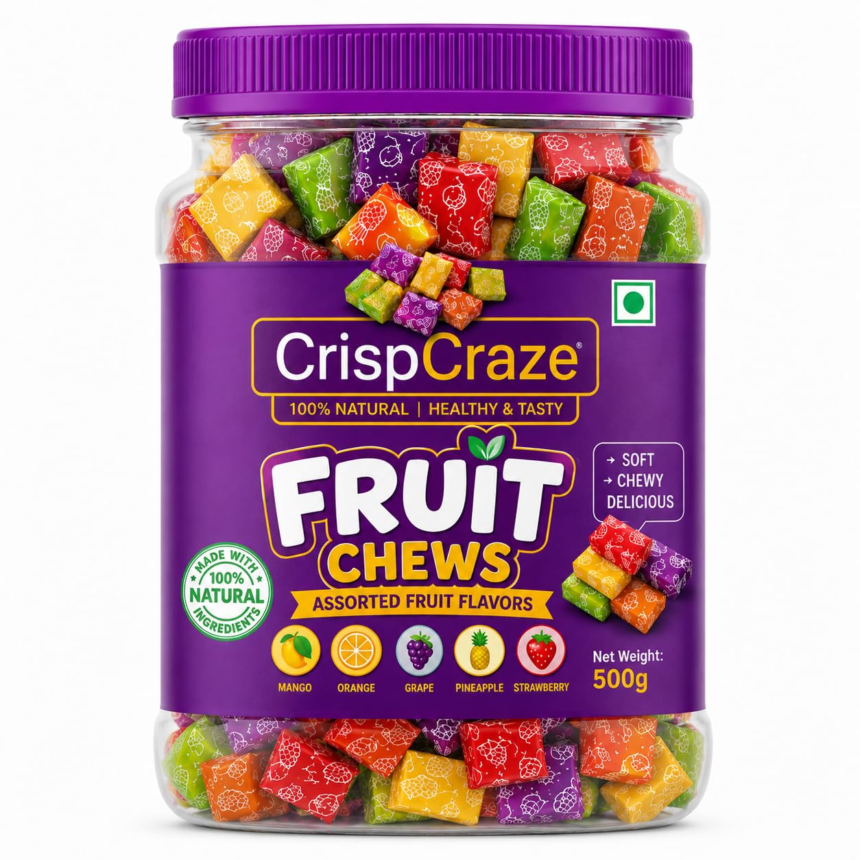 CrispCraze Fruit Chews Assorted Flavours Candy Jar, 500g fruit chew candy, mix fruit candy, toffy-image-40