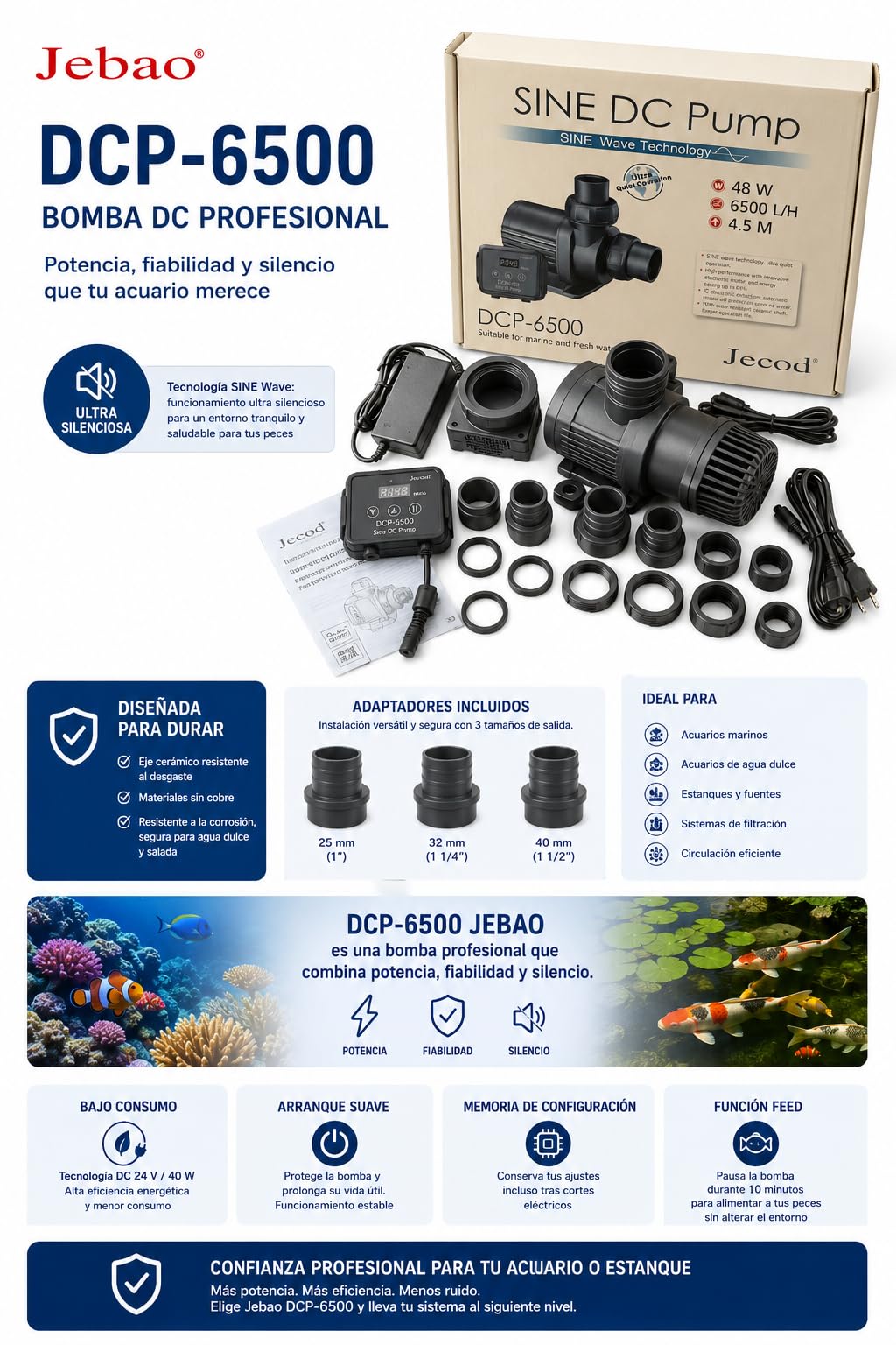 Bomba de circulación Jebao DCP-6500 – 6500 L/h, 24 V 40 W, controlador digital, función Feed, silenciosa para acuario y estanque agua dulce/salada