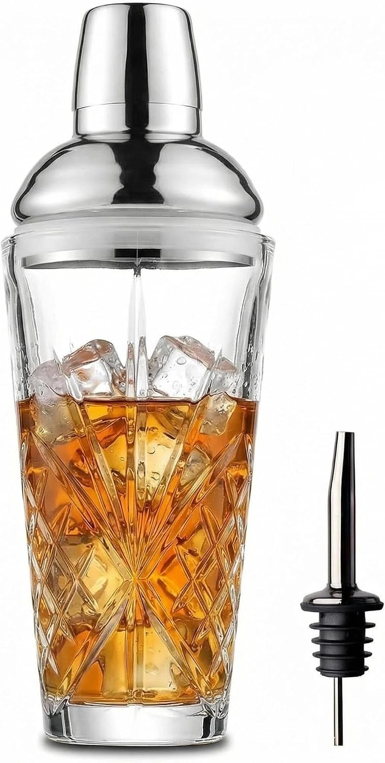 Crystal Cut Glass Cocktail Shaker with #304 Lid & Built-in Strainer, 18.5oz Premium Lead-Free Martini Shaker with Bonus Liquor Pour Spout, Elegant Barware for Home Bar,Gift for Cocktail Lovers