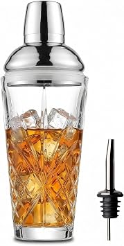 Crystal Cut Glass Cocktail Shaker with #304 Lid & Built-in Strainer, 18.5oz Premium Lead-Free Martini Shaker with Bonus Liquor Pour Spout, Elegant Barware for Home Bar,Gift for Cocktail Lovers