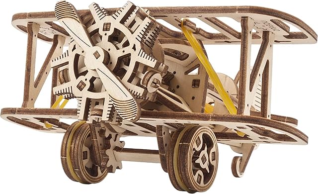 UGEARS Mini-Biplanet puzzle drewniane 3D - Mekaniczny drewniany model budowlany - DIY puzzle samolot zabawka - Zestaw budowlany dla dorosłych i dzieci