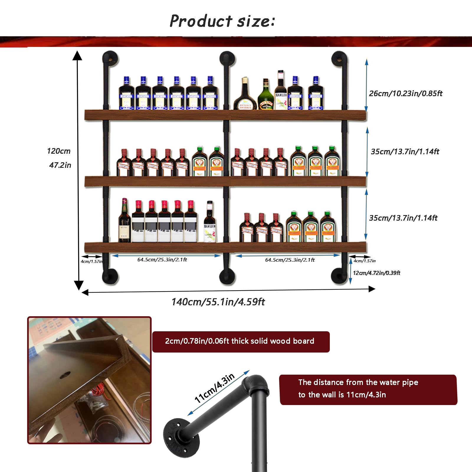 Dawselod 55.1in Large Wine Rack with LED Light Solid Wood Wall Mounted Wine Rack, 3-Tiers Liquor Bottles Floating Shelves Display Storage Organizer for Home Bar & Dining Room (140cm/55.1in)