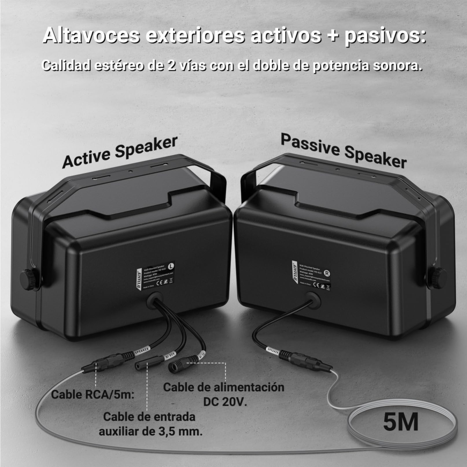 Inwa Altavoz Bluetooth Exteriores, 400W Altavoces Activos Pasivos Pared, Sistema de Sonido Estéreo Inalámbrico Impermeable para Interior Exterior con Entrada Aux (Par, MZ622, Control Remoto, RMS 40W)