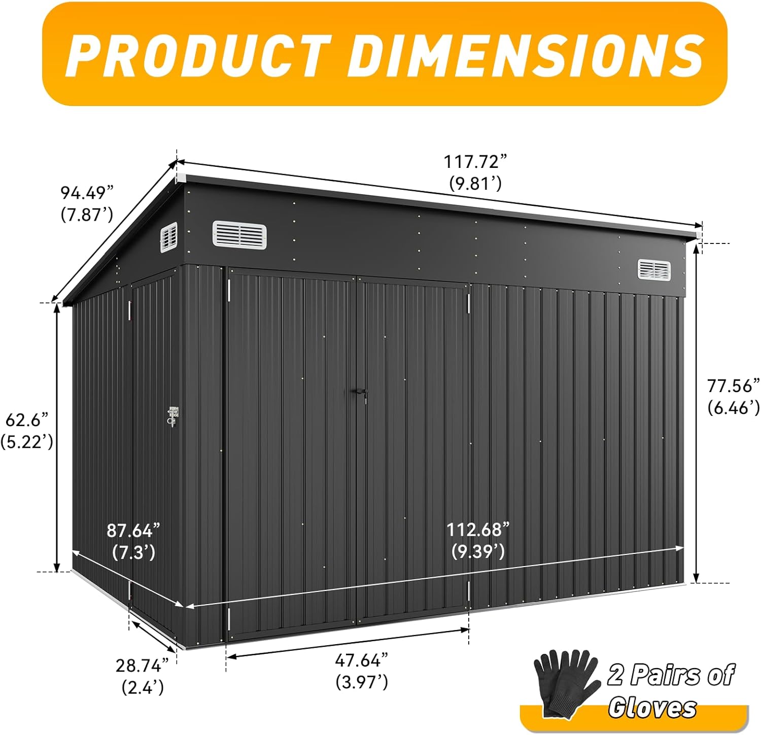 Storage Shed 8'x10' Metal Outdoor Sheds with Triple Doors Utility Sheds for Vertical Storage, Dual Lock Lean to Shed Galvanized Steel with Sloped Roof for Mower,Bike,Garden Tools (Black)