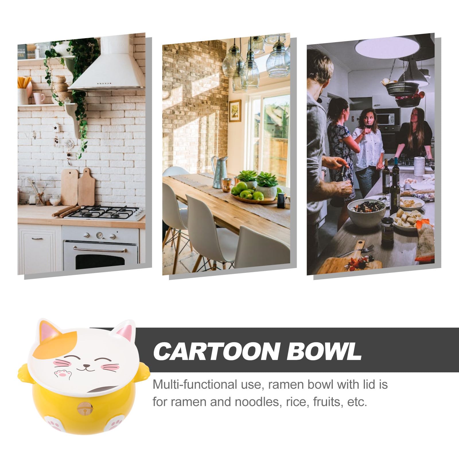 Tazón de Ramen de Gato de Cerámica Tapa, Multiusos para Sopa y Postre, Diseño Amarillo Borde Liso Adecuado para Uso en Casa