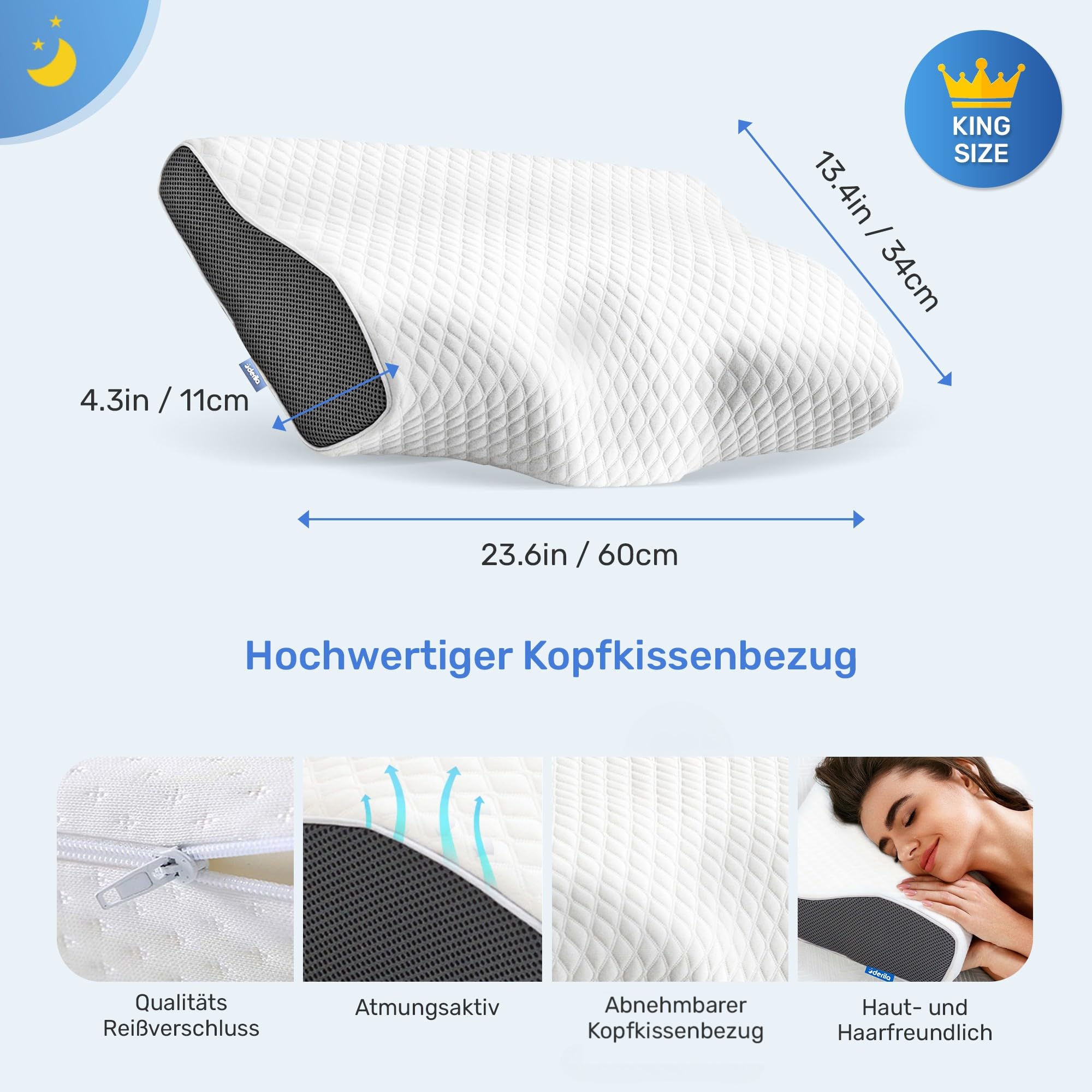 Derila Nackenkissen Kopfkissen, Memory Foam Kissen Original. Nackenstützkissen, Seitenschläferkissen für Seiten, Rücken & Bauchschläfer (King, 1er Pack)