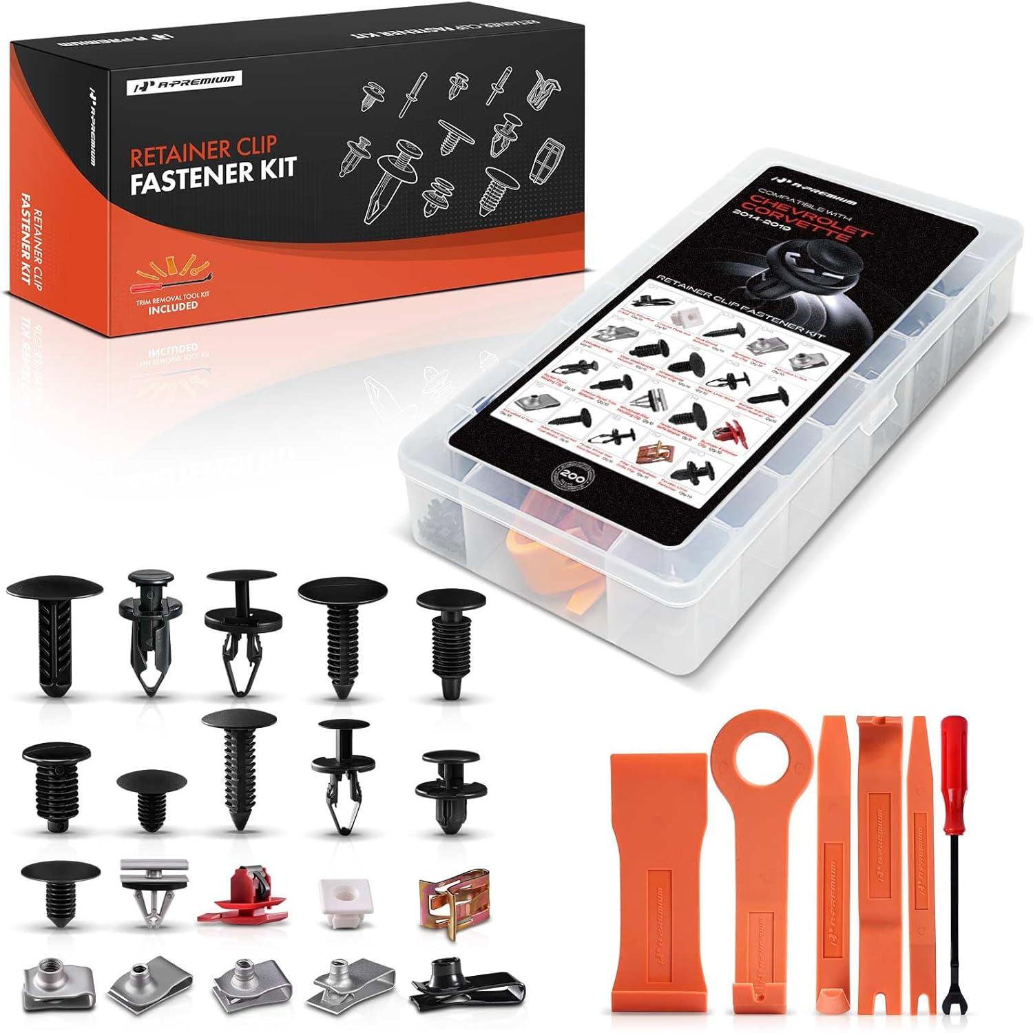 A-Premium 200PCS Bumper Retainer Clips Plastic Rivets Push Retainer Kit 20 Sizes 44oz Fender Door Weatherstrip Clips Compatible with Chevrolet Corvette 2014-2019, w/Removal Tool