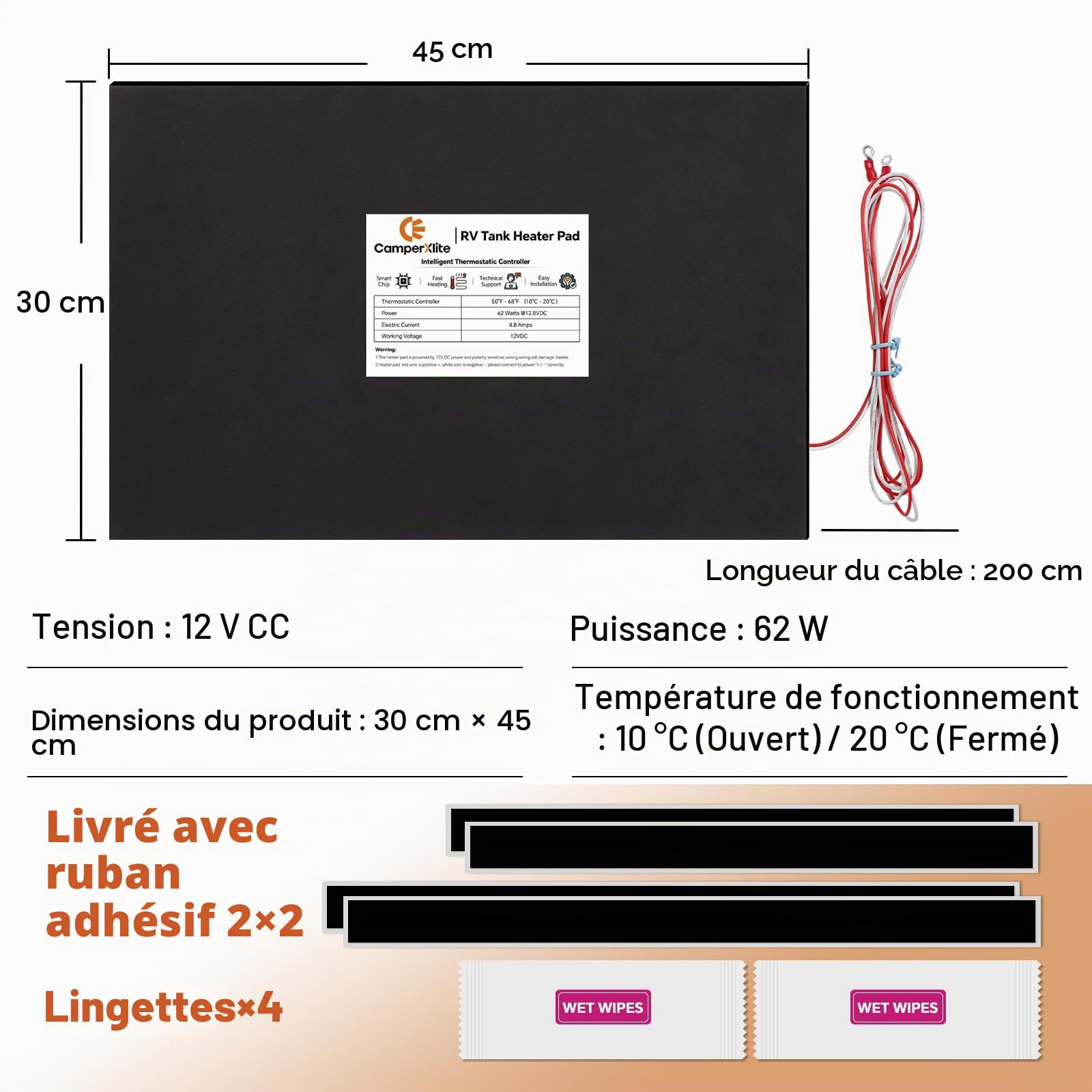 Kit de chauffage de réservoir pour camping-car avec thermostat automatique et fort adhésif, 45 cm × 30 cm 12 V CC Chauffage de réservoir de fosse sceptique Parfait pour le réservoir d’eau