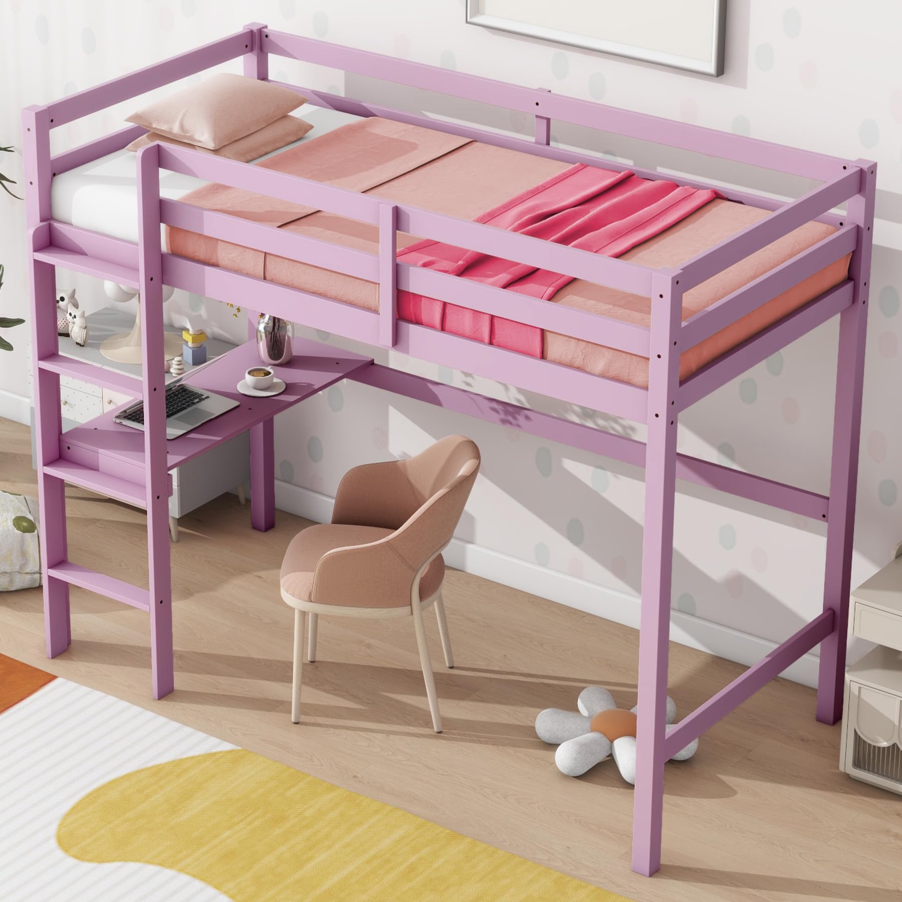 Wood Loft Bed Twin Size with Desk,Kids Loft Bed with Stairs and Rails for Toddlers Kids Teens Boys Girls,Solid Wood Salts Support,Noise-Free,Easy Assemble (Pink, Twin)