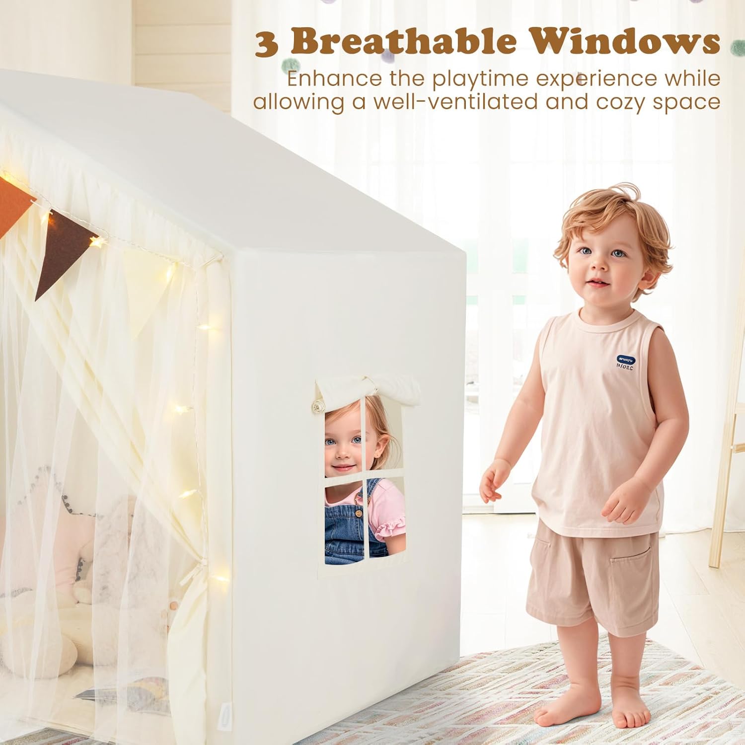 INFANS Kids Play Tent, Large Size Playhouse with Washable Cotton Mat Star Light Windows Plaid Pennants, 57.5” x 38” x 52.5”, Indoor Outdoor Princess Tents Castle for Toddlers Age 3+ Years Old