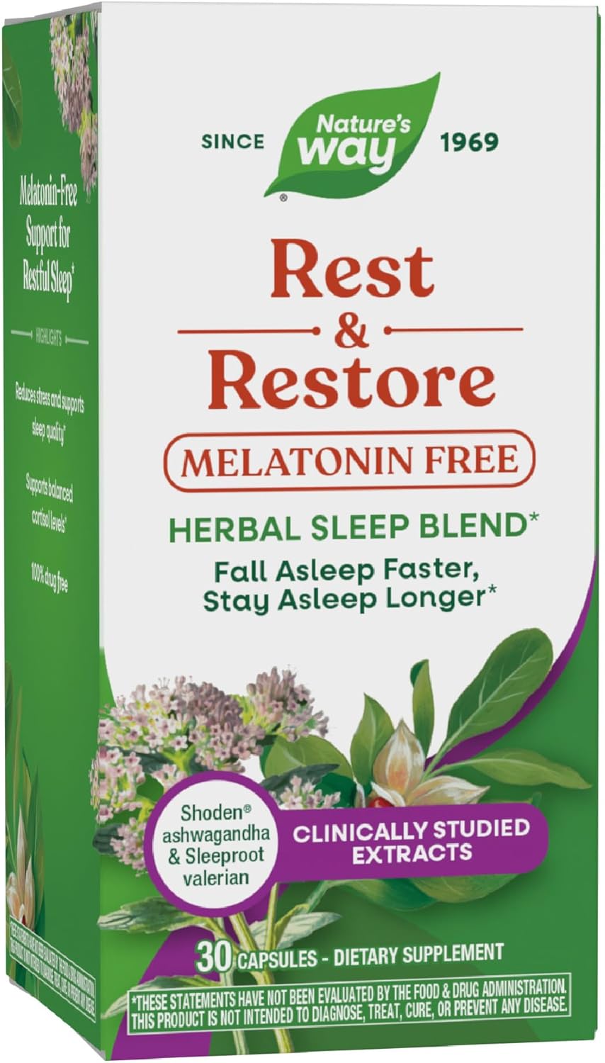 Nature's Way Rest & Restore, Melatonin-Free Sleep Supplement*, with Ashwagandha, Valerian, Vegan, 30 Capsules
