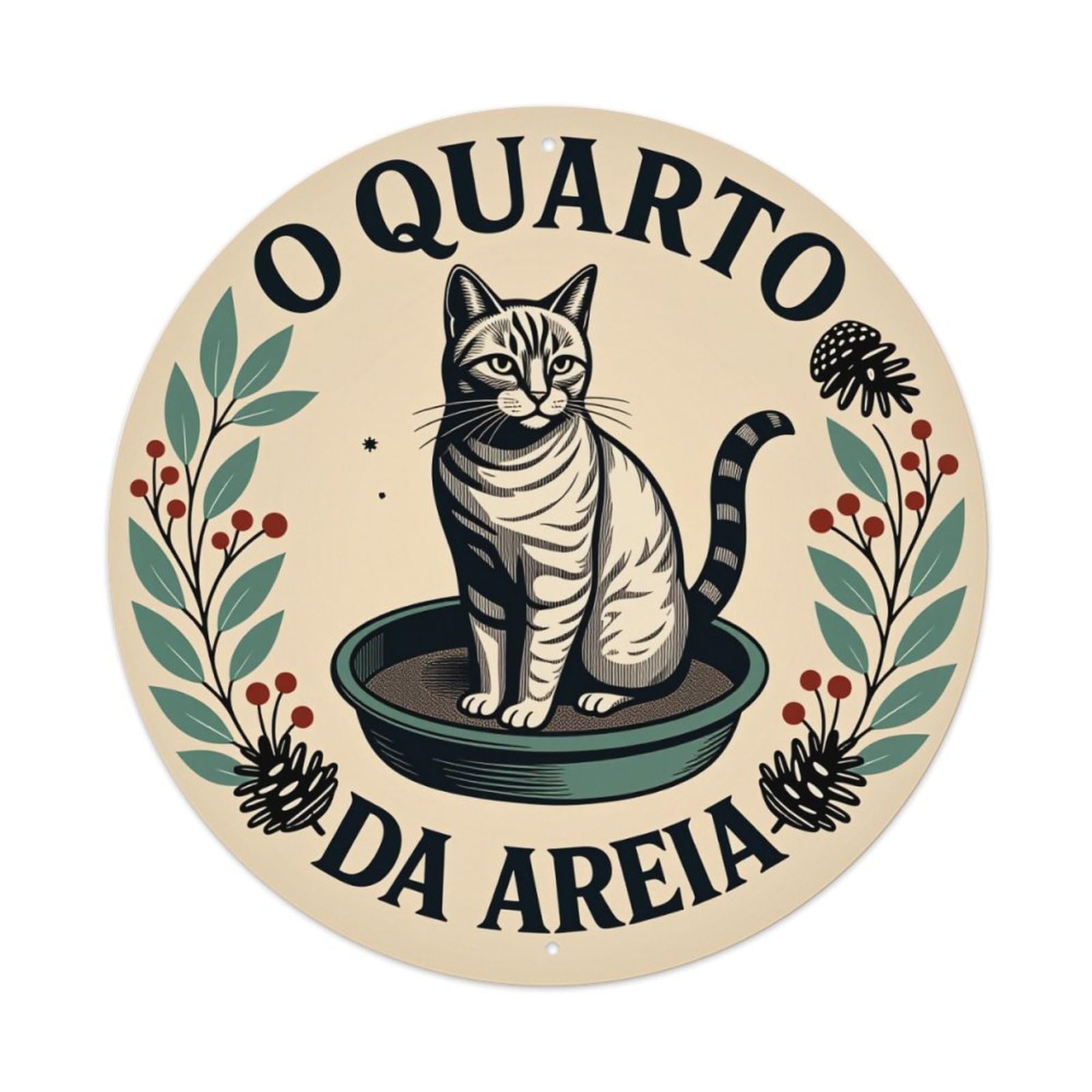 Cat In Basin With Leaves And Berries Round Tin Sign Vintage Style Metal Sign Home Bar Garden Wall Plaque Decor Metal Poster 8x8 Inch