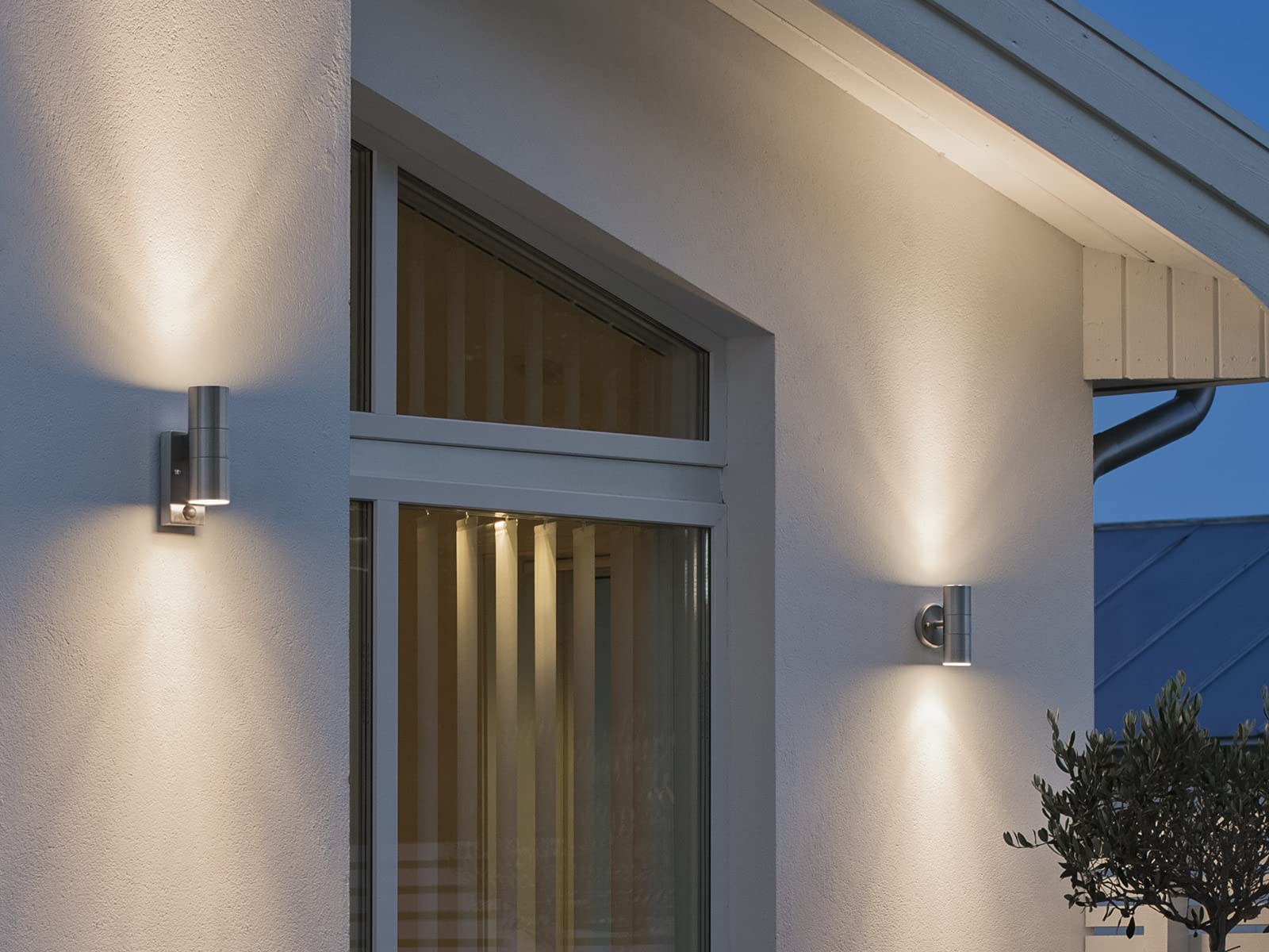 Zewnętrzna lampa ścienna z czujnikiem ruchu ze stali nierdzewnej matowa w górę i w dół (lampa ścienna, reflektor ścienny, zasięg czujnika 8 m, 140 stopni, lampa ogrodowa, lampa do użytku na zewnątrz, wysokość 20 cm, oprawa GU10)