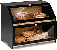 Vista 1 de HOMEKOKO Panera grande de doble capa para encimera de cocina, contenedor de almacenamiento de pan de madera de gran capacidad (negro)