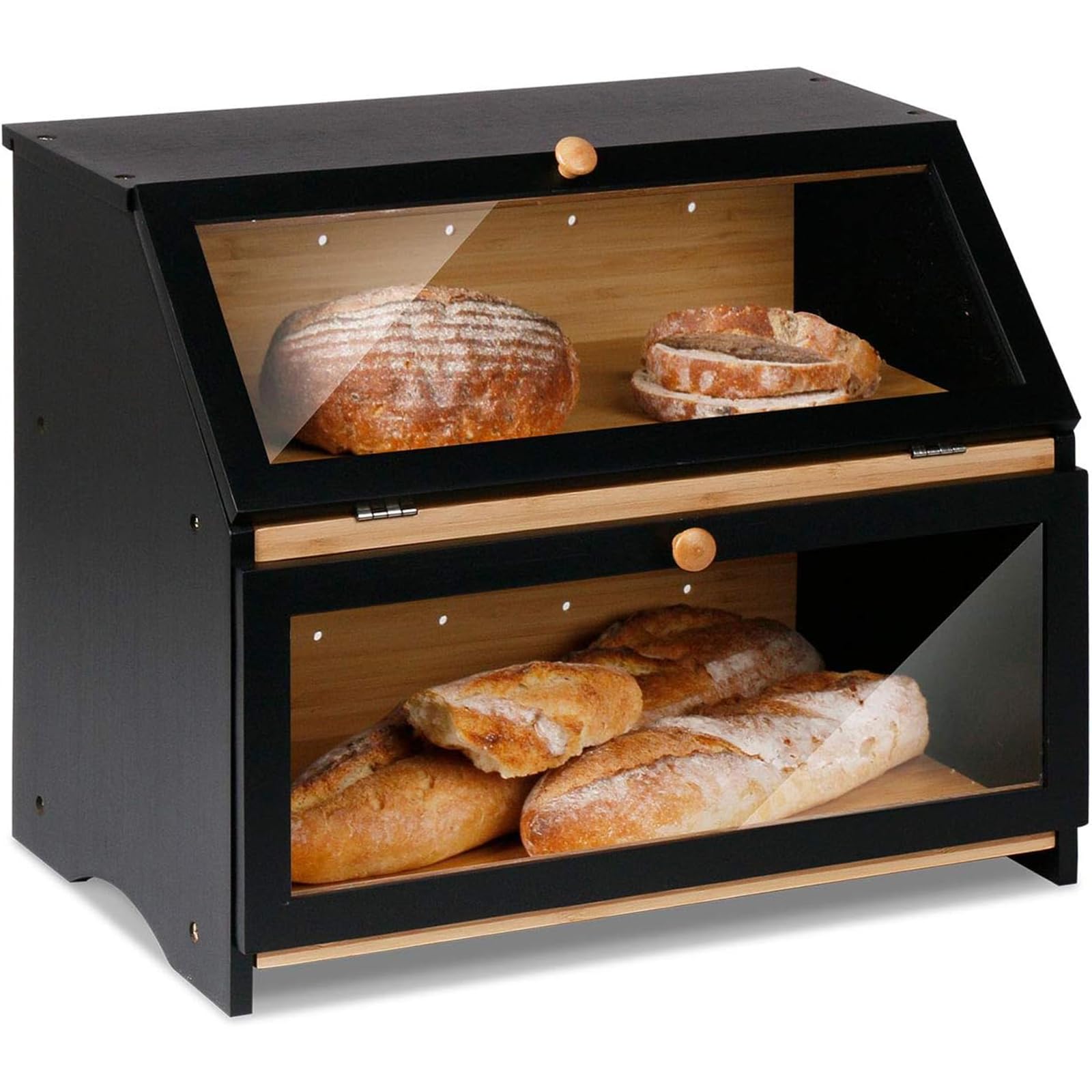 HOMEKOKO Double Layers Large Bread Box for Kitchen Counter, Wooden Large Capacity Bamboo Bread Food Storage Bin - Black