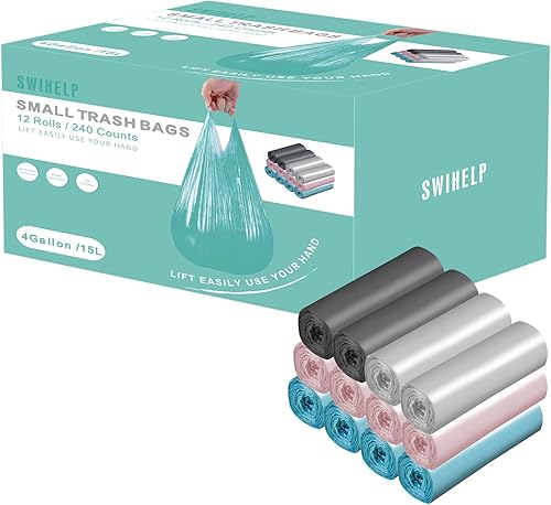 Miniatura 7 de SWIHELP - Bolsas de basura pequeñas, 240 unidades, bolsas de basura para baño, cocina, dormitorio, oficina, automóvil, 15 litros, bote de basura de