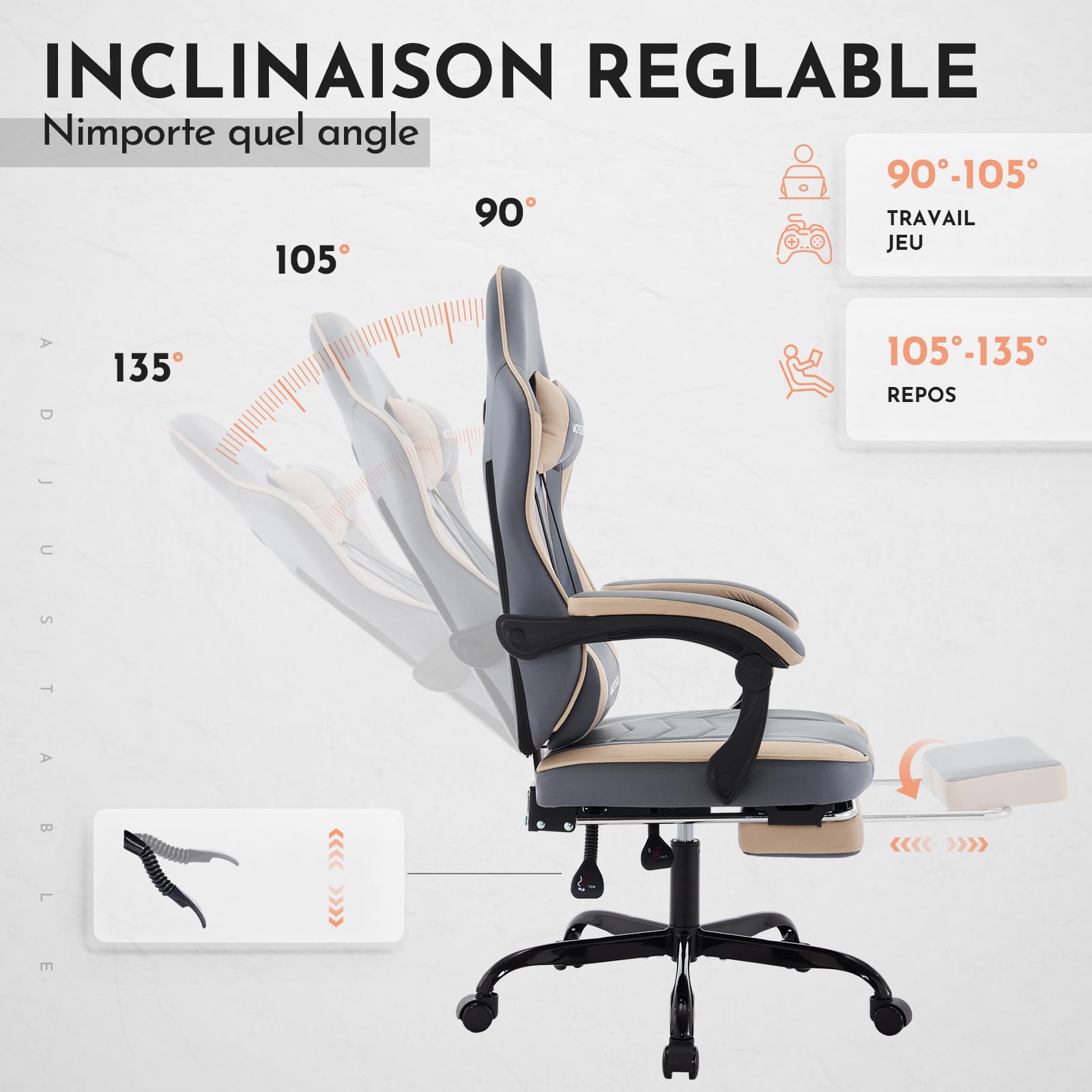 Chaise Gaming Racing, Siege Gaming Repose-Pieds Rétractable, Fauteuil Gamer avec Massage Lombaire, Fauteuil Bureau Ergonomique Confortable, Dossier Inclinable à 135°, Charge 120 kg