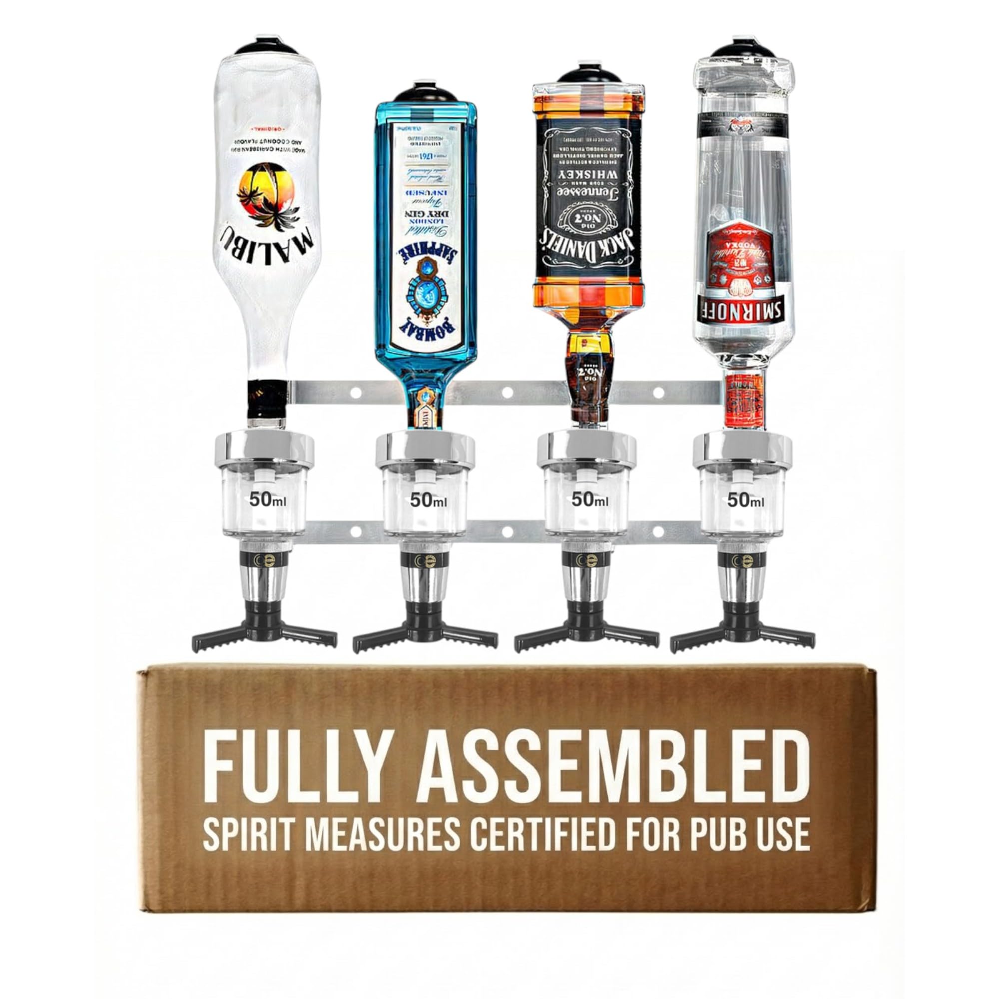 Chabrias Ltd 4 Bottle Traditional Wall Bar Rail + 50Ml Chrome Optics Uk Made, Fully Assembled Metal Bracket & Pub Trade Compliant Traditional Spirit Optic, Fits 70Cl–1.5L Bottles