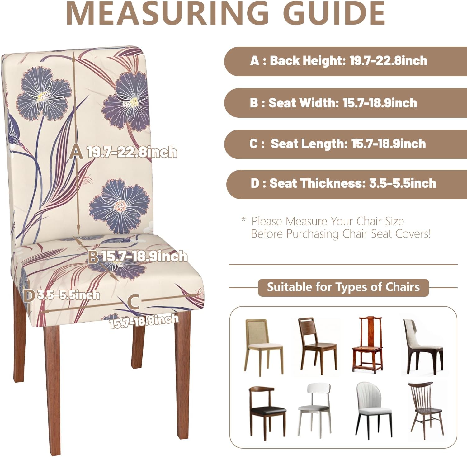 Chair Covers Dining Room Set of 6,Printed Patterned Stretch Non Slip Chair Slipcover Removable Washable Kitchen Chair Protector Cover for Home Hotel Banquet Party Office (Cream Purple Blue Flower)