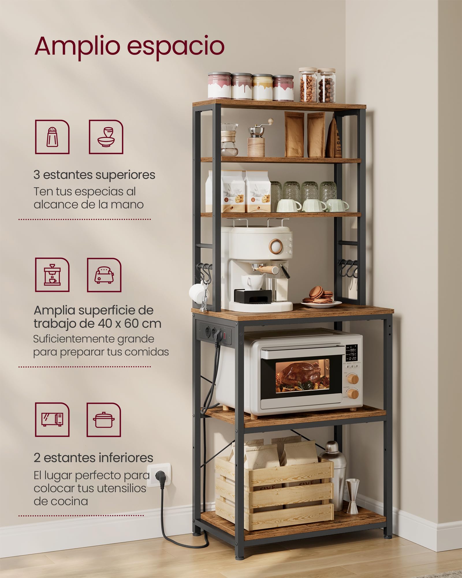 VASAGLE Estantería de Cocina con Enchufes, Estantería de Pie para Cocina, Estantería para Microondas, 6 Estantes y 6 Ganchos, Marco de Acero, 40 x 60 x 167 cm, Marrón Rústico y Negro Tinta KKS124K01