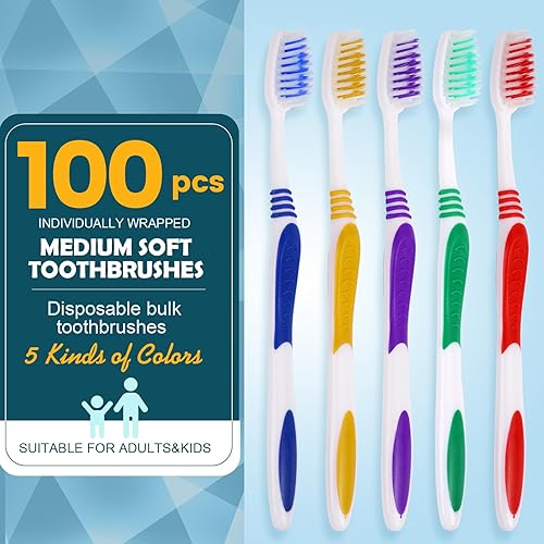 Miniatura 2 de Navona 100 cepillos de dientes a granel envueltos individualmente, cepillo de dientes desechable manual colorido para adultos o niños, mango