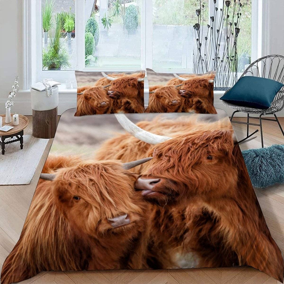 RFFLUX 3D Highland Cattle Super king size Duvet Cover Sets 3 Pieces 220x260 Soft Microfiber Farm Animals Cow Quilt Cover with Zipper Closure Easy Care Bed Set with 2 Pillowcase for Adults Room Decor — image 1