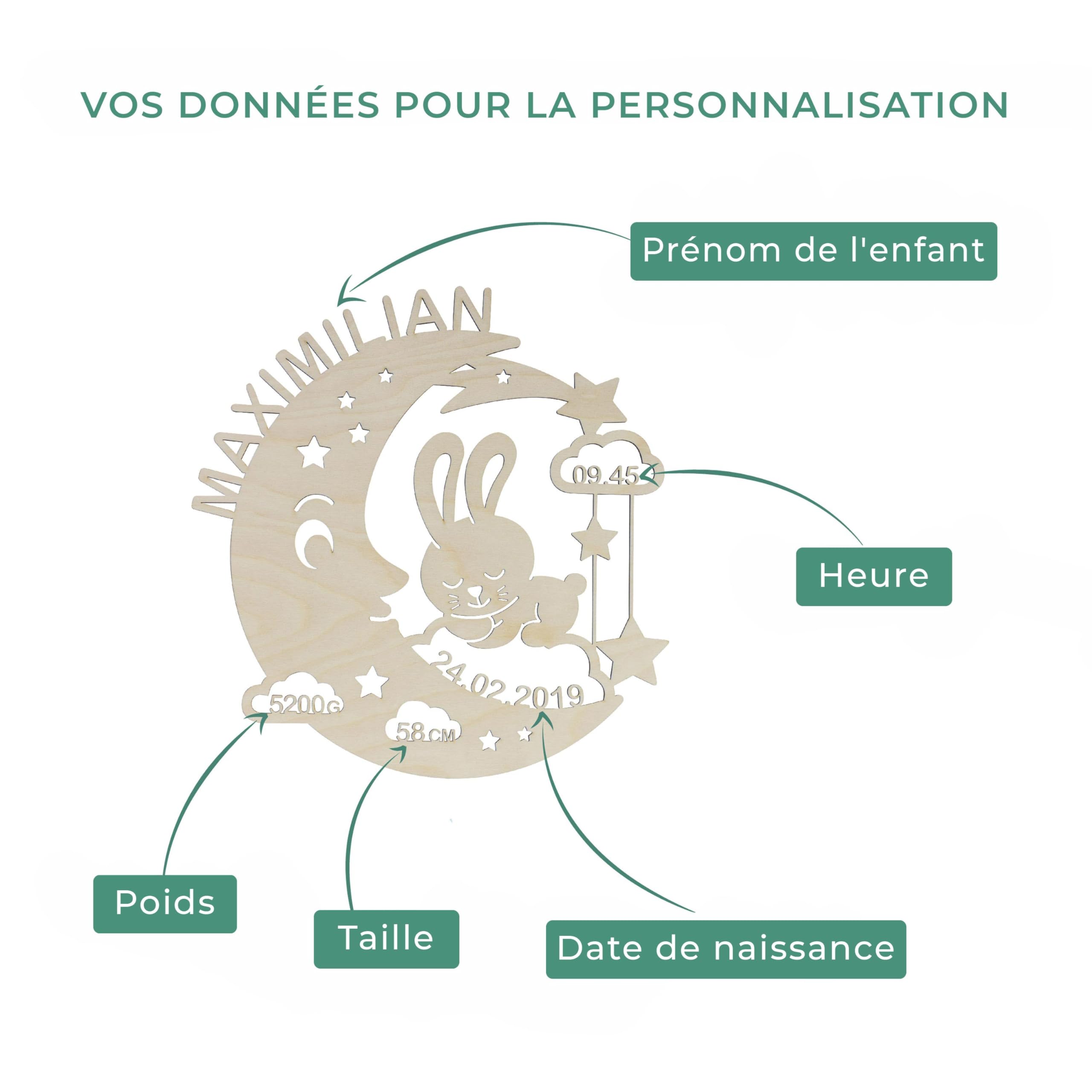 LAUBLUST Veilleuse pour bébés - Cadeau de naissance et de baptême personnalisé pour fille et garçon - Lapin de Lune | Naturel - Éclairage LED et lumière apaisante pour chambre d'enfant | 2 Tailles