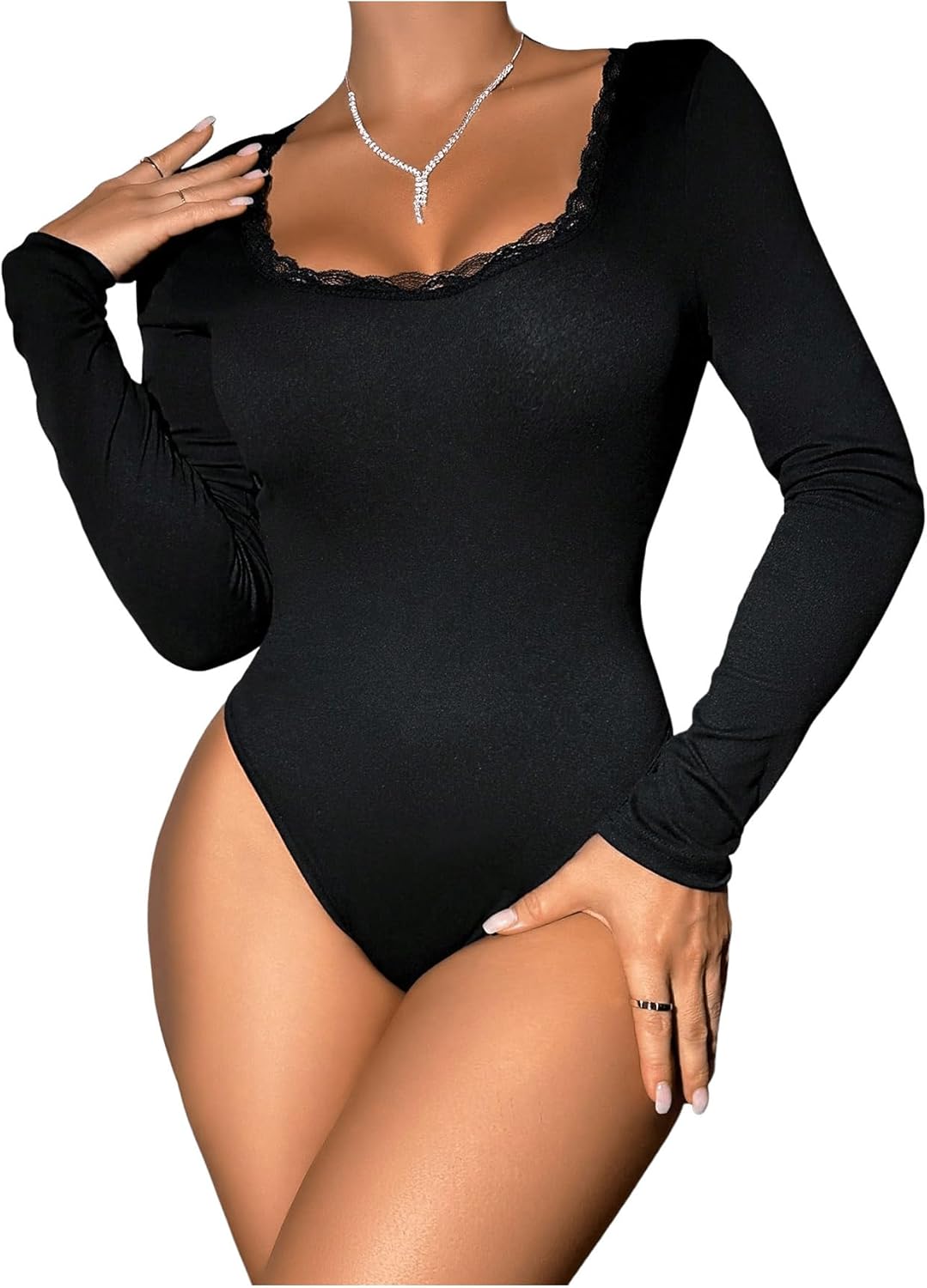 GORGLITTER Damen Bodysuit Langarm - Spitzen Body Mit Rückenfrei Für Festival & Party