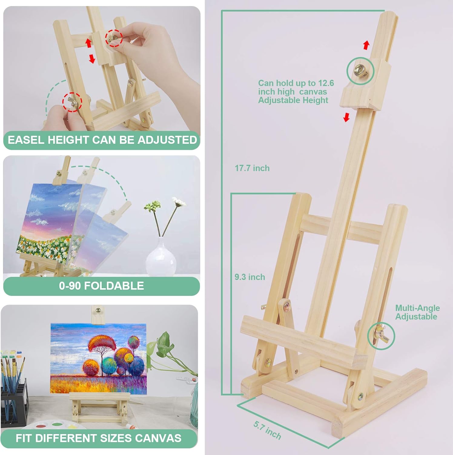 TAVOLOZZA 26 Pcs Acrylic Painting Supplies Kit, 17" Beech Wood Table Easel, 12 Non Toxic Washable Paints, 8 x 10 Stretched Canvas, 5 x 7 Canvas, 8 Brushes, 2 Palette Knife, 1 Palette