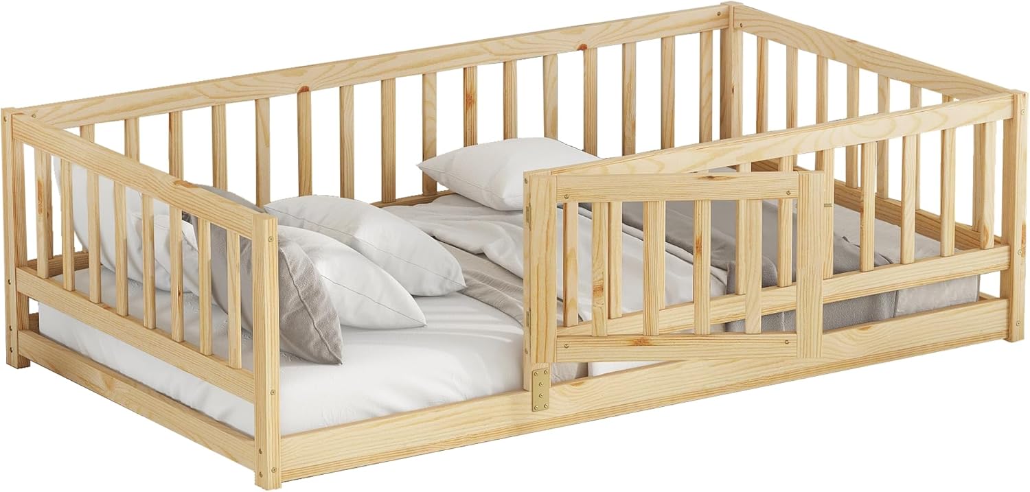 Twin Size Floor Bed Frame with Door and Slats,Montessori Floor Bed with Safety Guardrails for Girls Boys,Solid Wood Kids Montessori Bed Twin Size,Natural