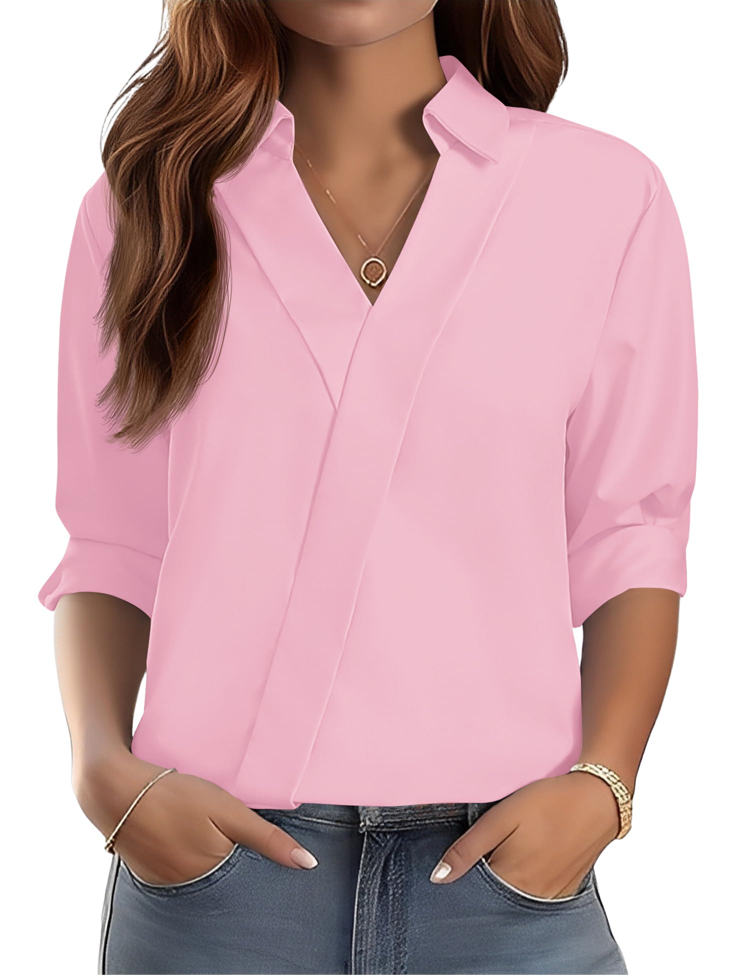 LOMON 3/4 Length Sleeve Womens Tops Dressy V Neck Collared Dress Shirts | Trendy Unique V Neck,Dressy Casual Blouses,Business Casual Outfits,Work Office Clothes,Summer Fall Vacation Outfits 2026 X-Large Pink