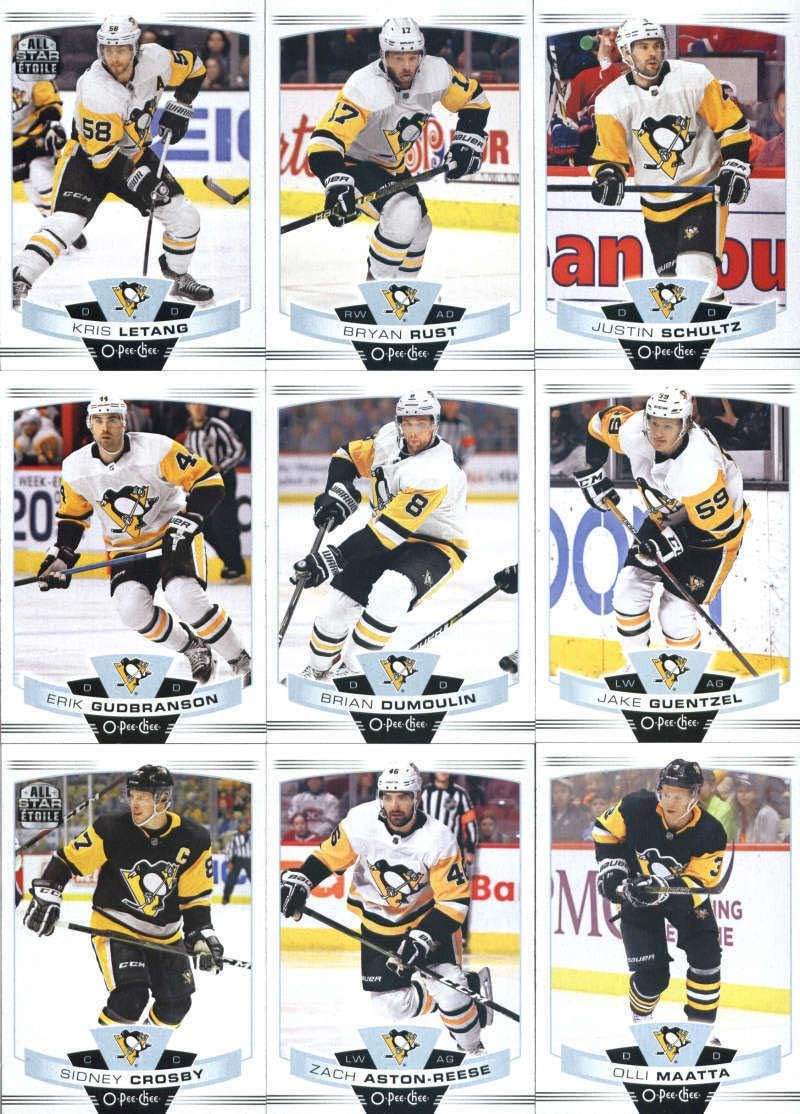 2019-20 O-Pee-Chee Hockey Pittsburgh Penguins Team Set (Made by Upper Deck) of 17 Cards: Kris Letang(#15), Bryan Rust(#19), Justin Schultz(#60), Erik Gudbranson(#85), Brian Dumoulin(#104), Jake Guentzel(#112), Sidney Crosby(#155), Zach Aston-Reese(#167), Olli Maatta(#181), Evgeni Malkin(#192), Marcus Pettersson(#213), Jared McCann(#232), Patric Hornqvist(#282), Casey DeSmith(#351), Nick Bjugstad(#369), Phil Kessel(#385), Matt Murray(#435)