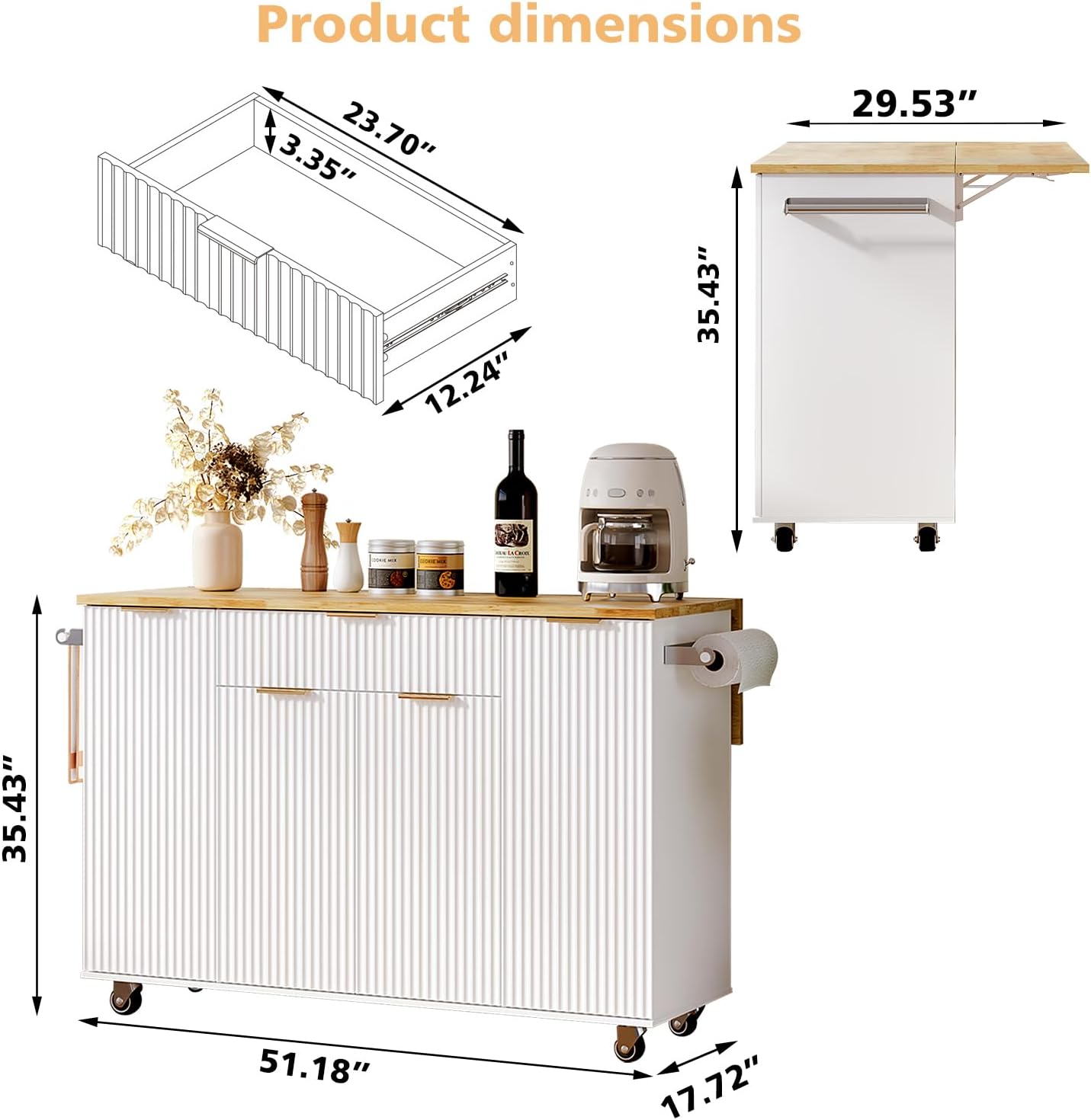51" Kitchen Island with Folding Drop Leaf, Rolling Island Table with Storage,Cabinet on Wheels with Seating Area for Kitchen, Bar Cart with Cabinet,White