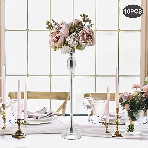 Miniatura 2 de Fetcoi 10 centros de mesa de boda de metal altos para mesas de recepción, soporte de florero plateado de mesa, jarrón de flores de 29.5 pulgadas de